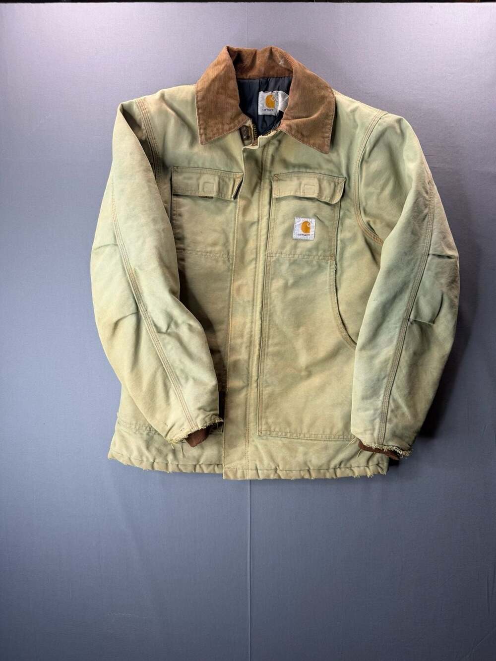 Vintage Carhartt Distressed Brown Tan Canvas Duck Work Jacket Arctic Quilt Lined